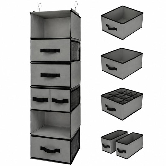 GRANNY SAYS Hanging Closet Organizer 6 Shelves, Closet Organizers and Storage with 5 Drawers, 6 Side Pockets Closet Hanging Organizer, Hanging Storage Organizer for Closet, Baby Clothes, Gray