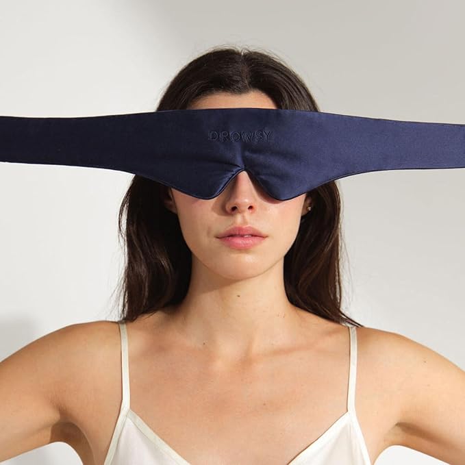 Drowsy Featherweight Silk Sleep Mask – Luxury Blackout Eye Mask for Sleeping & Travel, 100% Mulberry Silk, Lightweight Comfort, Adjustable Strap, Protects Skin & Hair - Midnight Blue