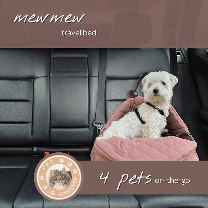 4 Cats & Dogs Mew Mew Travel Pet Bed – Soft Carrier for Small Dogs & Cats, Water-Resistant Quilted Shell, Adjustable Belts, Anti-Slip Bottom, Portable Pet Bed & Travel Bag - Rose