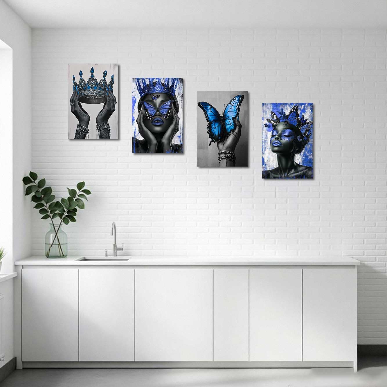 BJYCHG 4Pcs African American Canvas Wall Art Black Woman with Butterfly Painting Prints Black Queen Crown Poster Inspirational Pictures Fashion Girl Bedroom Room Decor (Blue, (8x12inx4 Pieces))