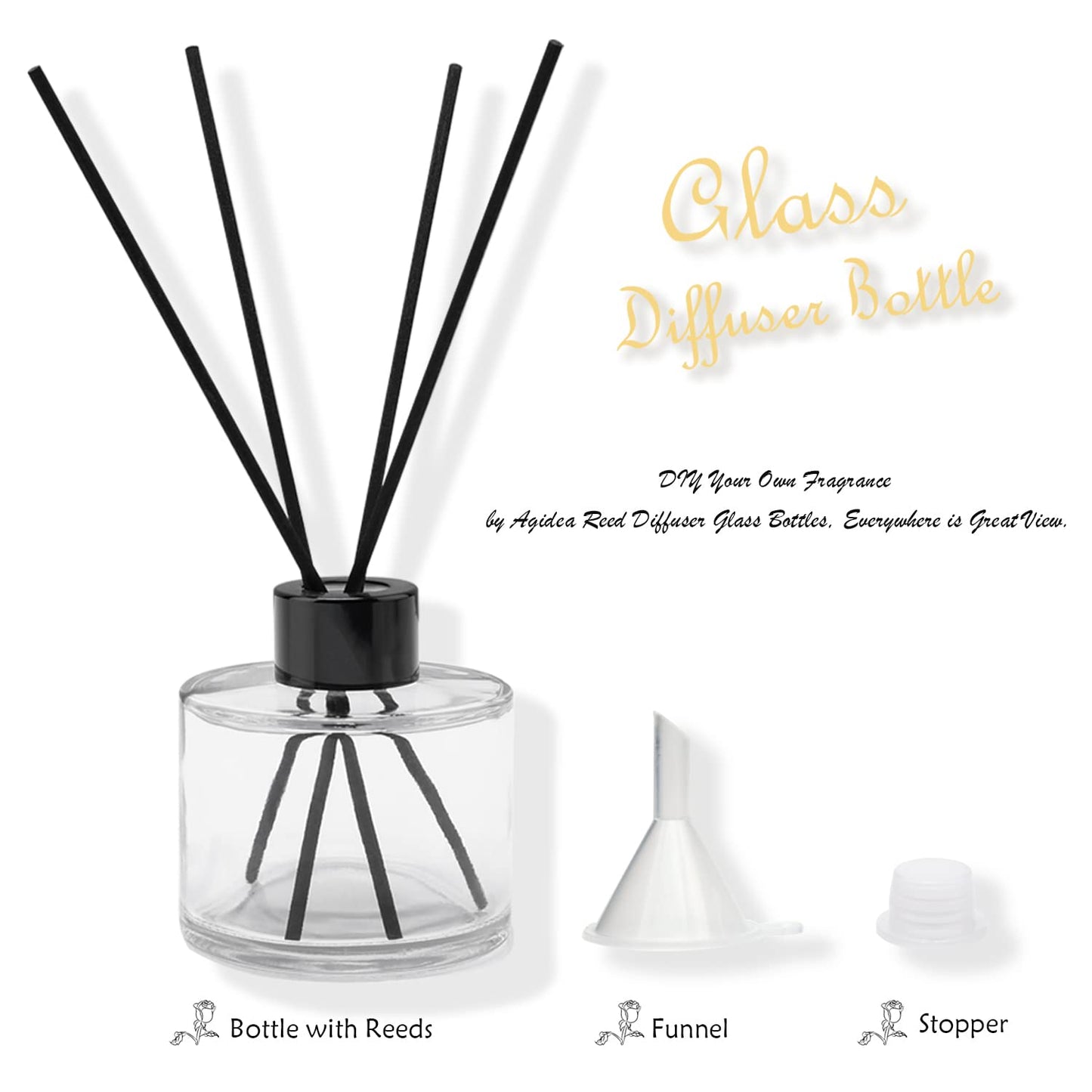 Agidea 4PCS Fragrance Glass Diffuser Bottles, Refillable Diffuser Bottles with 20pcs Reeds Sticks & Black Caps & Funnel, Diffuser Jars for Home Oil Fragrance Decoration Girl Women Gift (100ML)