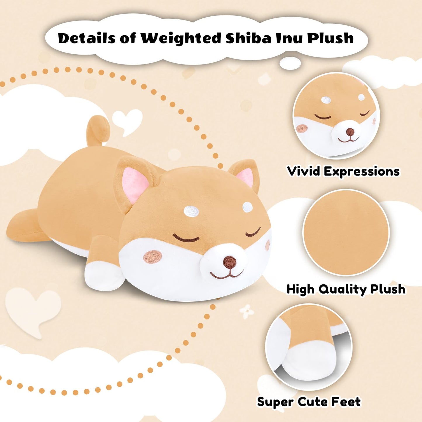 Finebee Weighted Shiba Inu Stuffed Animals, Cute Weighted Dog Plush, Soft Comfort Stuffed Weighted Shiba Inu Plushie Gifts for Kids & Adults (9.8" 0.8Lbs)