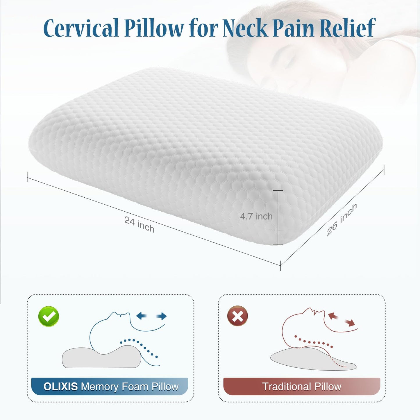 OLIXIS Memory Foam Pillows for Sleeping,2 Pack Queen Size Bed Pillows for Adults,with Removable Washable Cover,Breathable Mesh, Gel Cooling Technology, Firm Support for Back and Side Sleepers,White