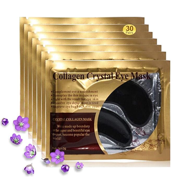 Eye Mask, 30 Pairs Collagen Under Eye Patches, Black Crystal Eye Gel Pads for Reducing Dark Circles, Lighten Wrinkles Anti-Aging Moisturizing, Fine Lines Eye Bags Puffiness Women Men