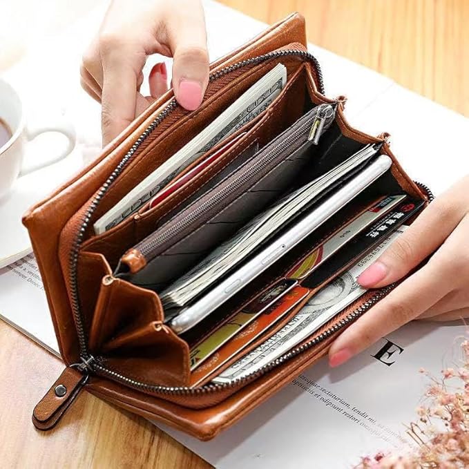 Vyrnox Genuine Leather Women's Long Vintage Zipper Money Clip Clutch Bag with RFID Blocking Coin Purse for Women Including Gift Box (Burgundy)
