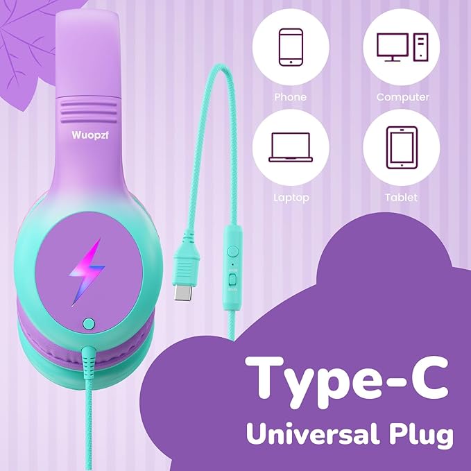 Kids USB C Headphones for School, 2025 Upgrade Safe Listening Wired Over-Ear Headphones with LED Lights, Volume Limiter & Microphone, Foldable Design for iPhone 16, iPad, Tablet (Green Purple)