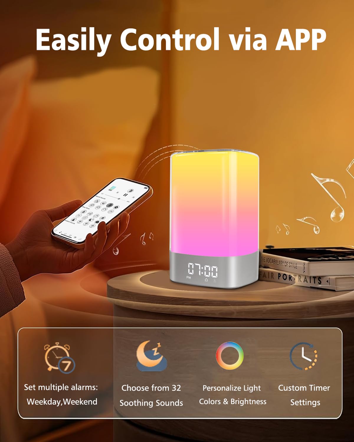 Sound Machine Alarm Clocks for Bedroom with 32 Soothing Sounds, White Noise Machine for Baby & Adults Sleep,Bluetooth Speaker & Night Light for kids,App Control,Timer, Gift for Teens,Girls,Boys,Women
