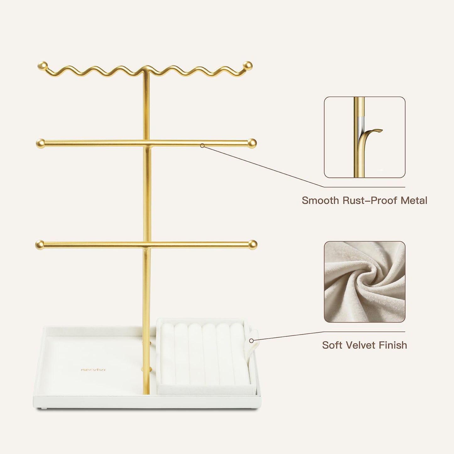 necvha Jewelry Stand Holder Organizer, 3 Tier Bracelet Holder Display with Detachable Velvet Tray, Elegant Jewlery Tower for Display Bracelet, Necklace, Earrings, Rings (Beige)