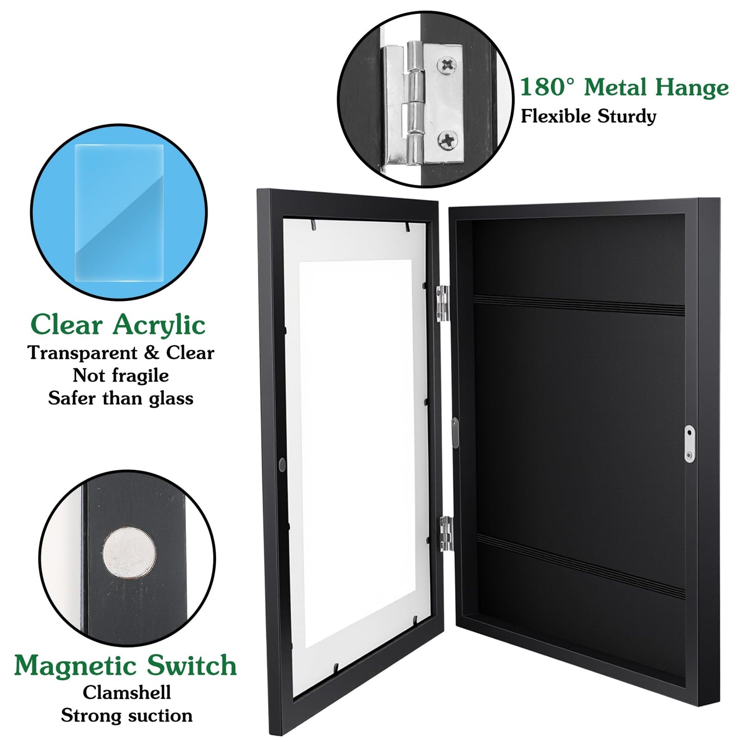 Ziouabaf 4 Pack Artwork Frames Changeable 8.5x11 Inch Front Opening Display Frame for Projects, Black Wood Frame Holds 150 Drawings, 3D Crafts, with 12 Hooks