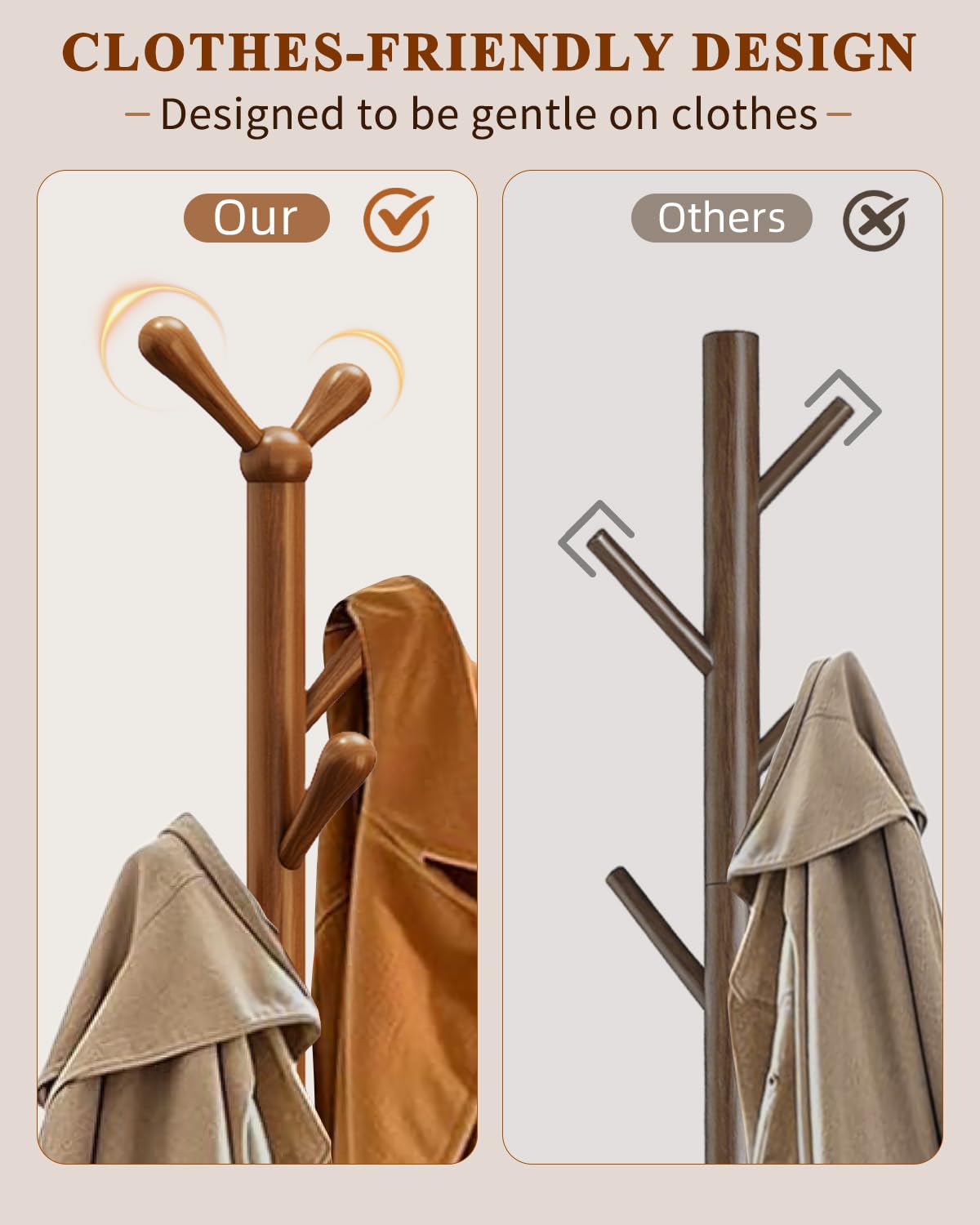 Freestanding Coat Rack, Solid Wood Coat Tree with 8 Smooth Rounded Hooks, Adjustable Height Heavy Duty Coat Rack with Dual-Layer Base, Holds Coats Hats Bags for Entryway, Bedroom, Living Room