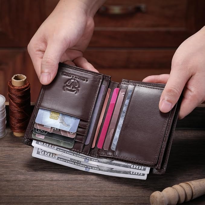 LEBULLBRO Genuine Leather Bifold Wallet RFID Blocking Wallet Large Capacity Purse Credit Card Holder for Men with 15 Card Slots (Coffee)