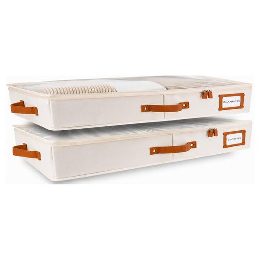 HOMELUX THEORY 2pc Low Profile Under Bed Storage Containers, Thin Under Couch Storage Organizer with Bins & Lids, Underbed Storage Box Ideal for Seasonal Clothes, Blankets, Fabric & Shoes (Ivory)
