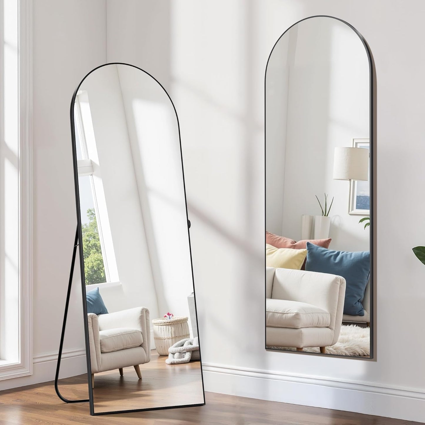 Hexago Arched Floor Full Length Mirror 64"x21", Aluminum Alloy Thin Frame Floor Standing Mirror, Hanging or Leaning for Wall, Suitable for Bedroom, Living Room, Dressing Room, Black