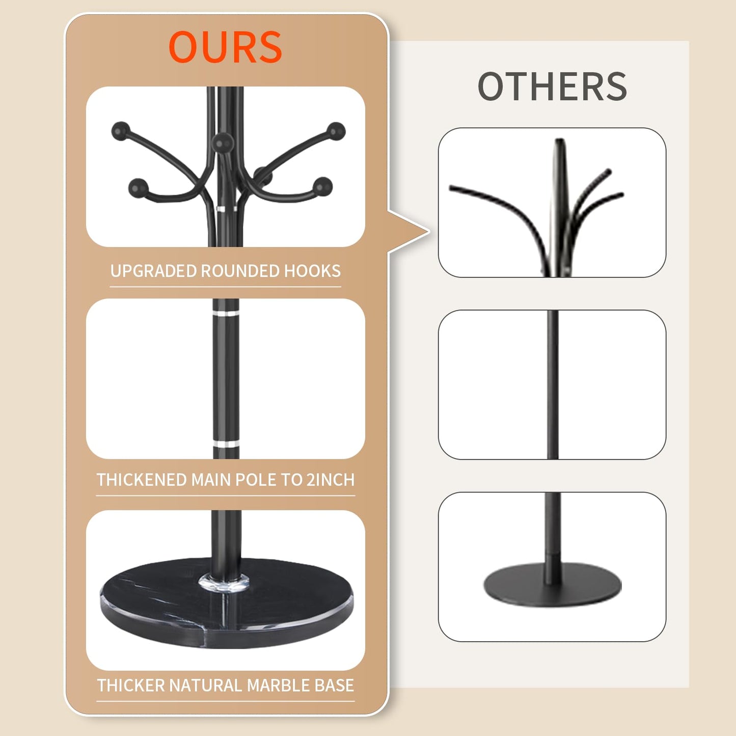 LOZABEE Metal Coat Rack Stand, Modern Freestanding Coat Rack with Natural Marble Base, Black Coat Racks and Coat Hall Tree Hanger Stand with 12 Hooks for Entryway, Hallway, Office