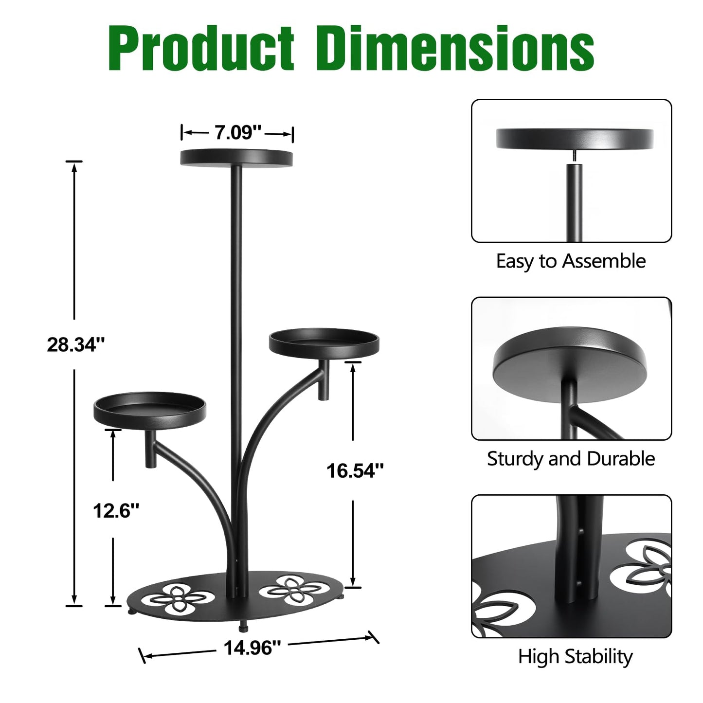 XZHXZH, 3 Tier Metal Plant Stand Indoor Outdoor, Tall Black Plant Shelf, Heavy-duty Base in the Shape of a Four-leaf Clover, Tiered Modern Corner Shelf, Suitable for Courtyard, Patio, Living Room, Bedroom