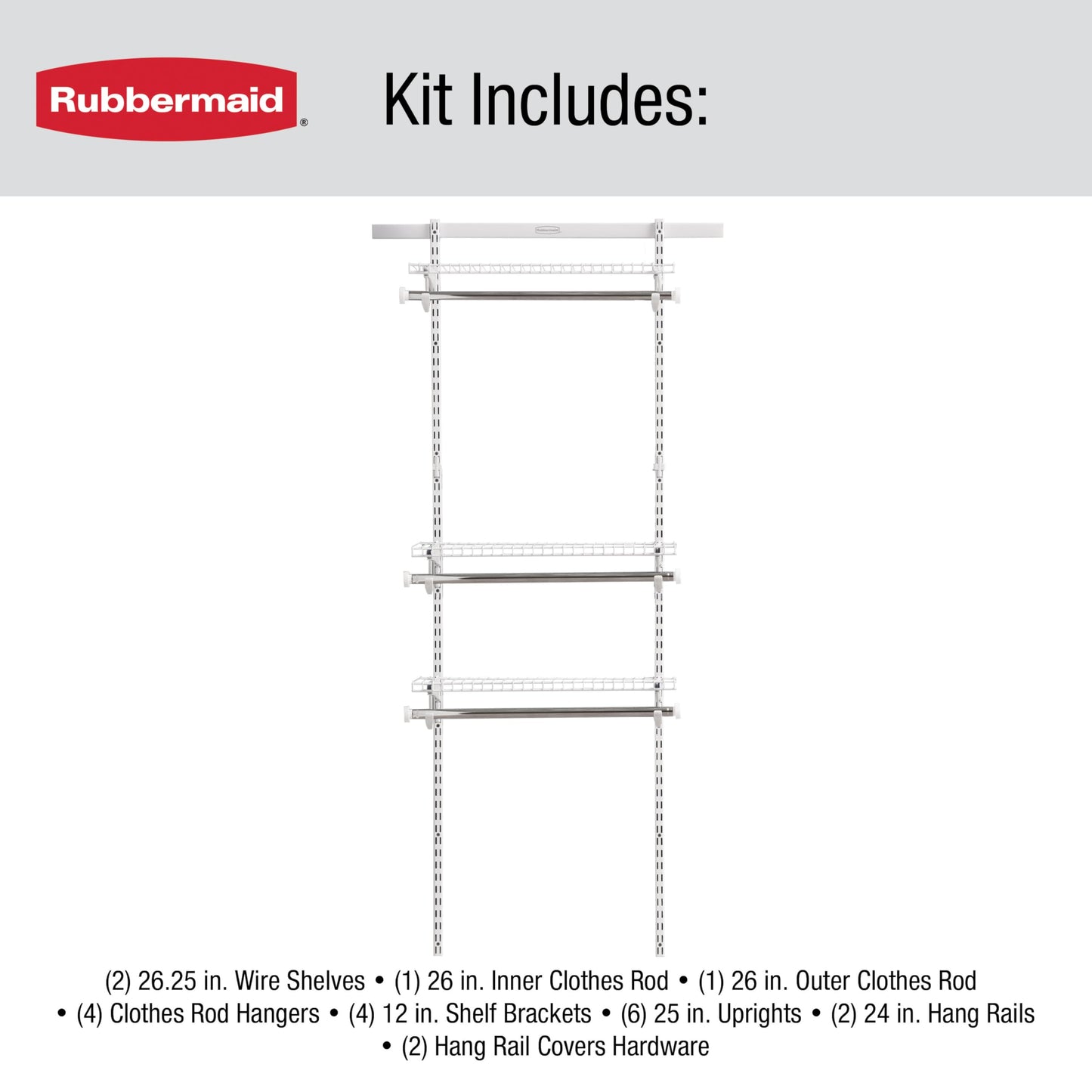 Rubbermaid Configurations Custom Closet Kit 2-4 Ft. Adjustable Metal Wire Shelving White Finish Expandable Organization System Hardware Included for Home Closet/Pantry/Laundry/Mudroom