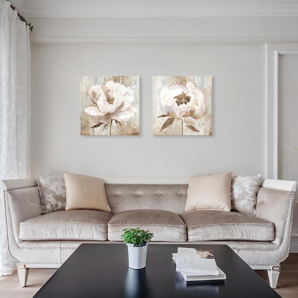 7CANVAS Beige Flower Wall Art White Floral Blooming Canvas Print Modern Botanic Wall Pictures for Livingroom Above Bed Sofa Home Decoration 24x24Inchx2pcs