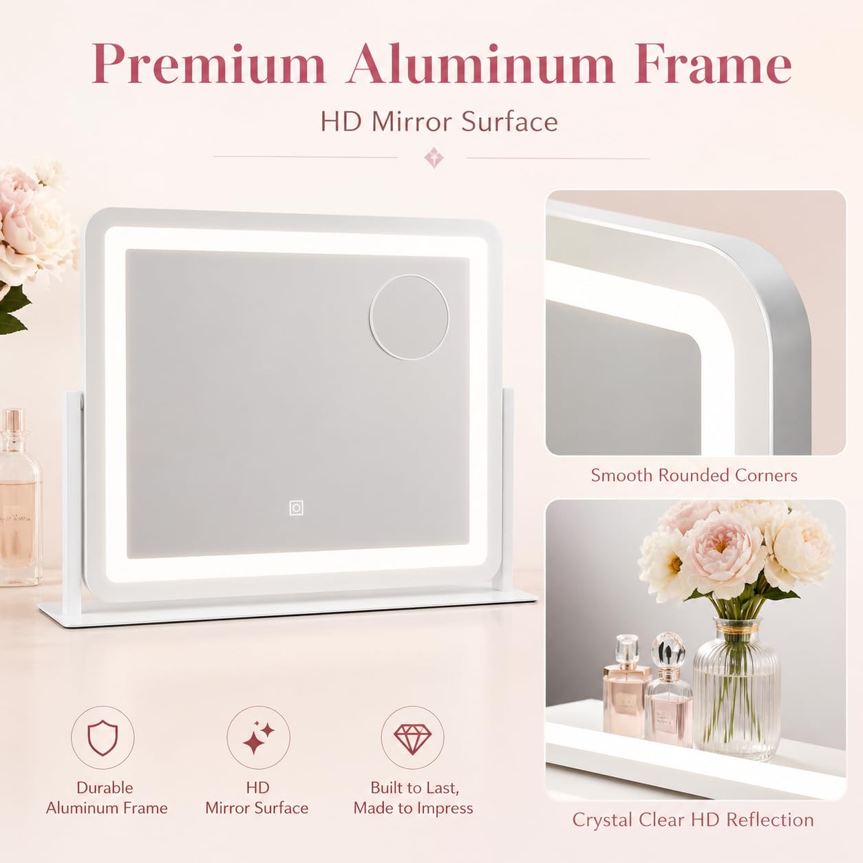 HNV 22"x17" Lighted Vanity Mirror, 3-Color Dimmable LED Makeup Mirror with Power Adapter, Sturdy Aluminum Frame 360° Rotating Desktop Mirror, White