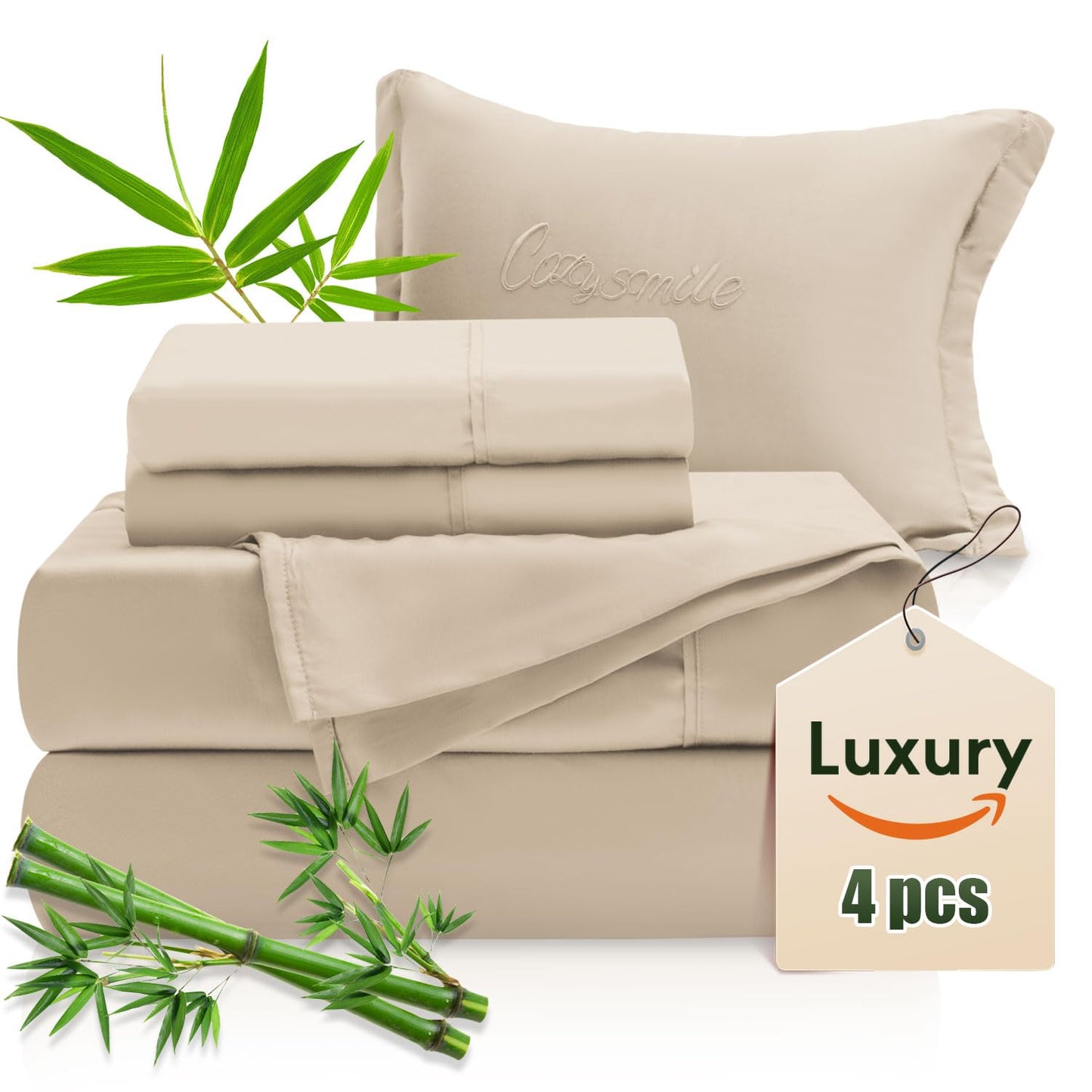 CozySmile Bamboo Sheets King Sheets Set, 100% Organic Viscose Derived from Bamboo Bed Sheet Set, Luxuriously Soft & Cooling,4 Pcs Bed Set with Deep Pockets,Wrinkle Free, Double Stitched Seams (Beige)