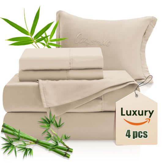CozySmile Bamboo Sheets King Sheets Set, 100% Organic Viscose Derived from Bamboo Bed Sheet Set, Luxuriously Soft & Cooling,4 Pcs Bed Set with Deep Pockets,Wrinkle Free, Double Stitched Seams (Beige)