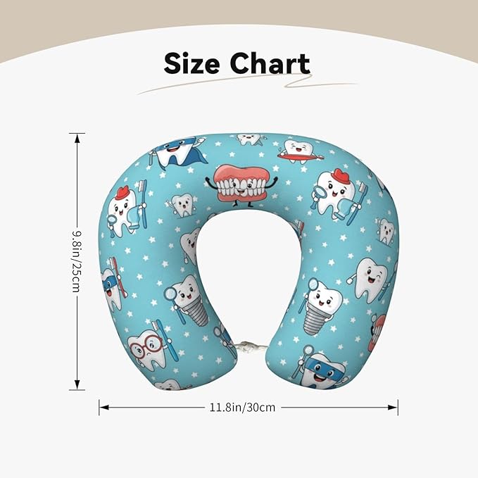 Unique Travel U Shaped Pillows Cute Dental Teeth Blue for Airplanes Car Flight, Comfortable Chin Head Neck Cushion Supporting, Polyester Removable Cover