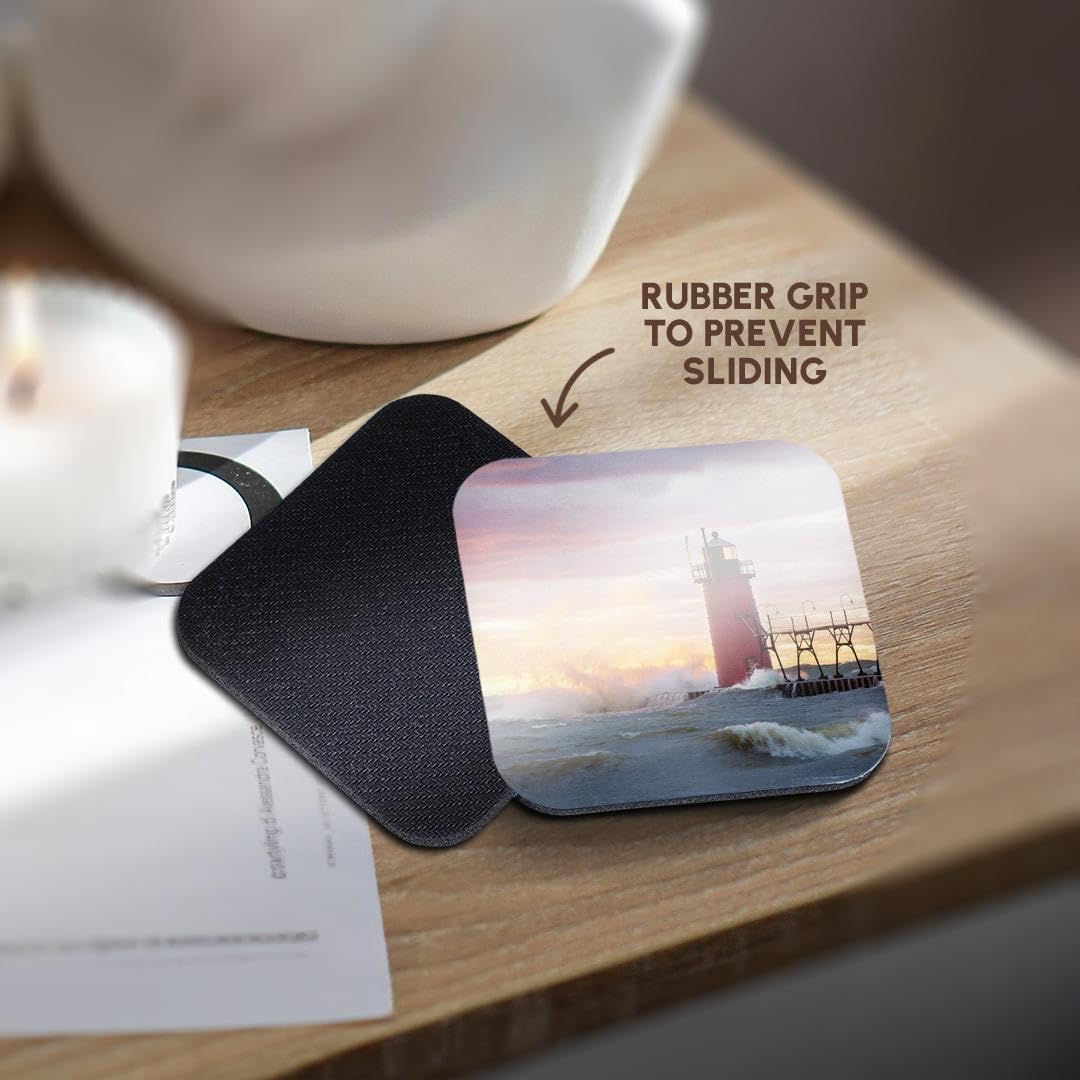 3dRose South Haven Lighthouse at Sunset, South Haven, Michigan. Set of 8 Coasters - Soft