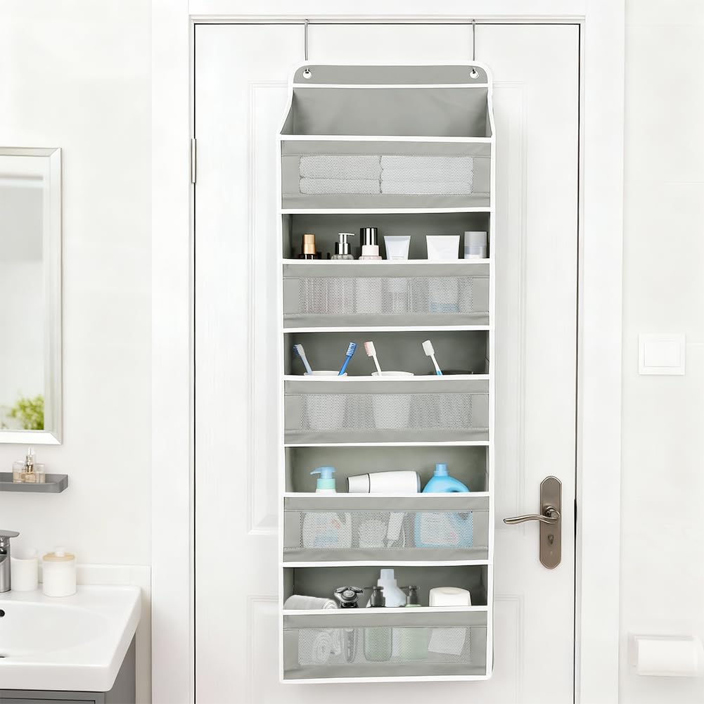 GINOYA Over The Door Storage Organizer with 5 Extra Large Pockets & Side Mesh Pouches, Hanging Closet Door Organizer for Bedroom, Baby Nursery Storage, Anti-Tilt Design, Fits 1.6" Doors-Gray