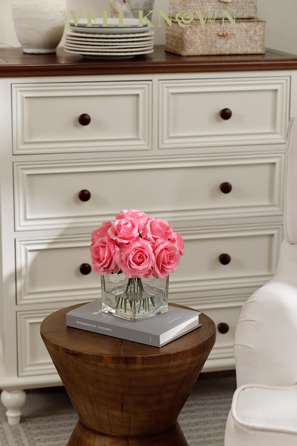 WELL KNOWN Rose Artificial Flowers in Vase with Faux Water, Silk Rose Table Centerpieces for Home Coffee Table Decor, Fake Roses Flower Arrangements for Office Hotel Lavatory Decor (Pink)