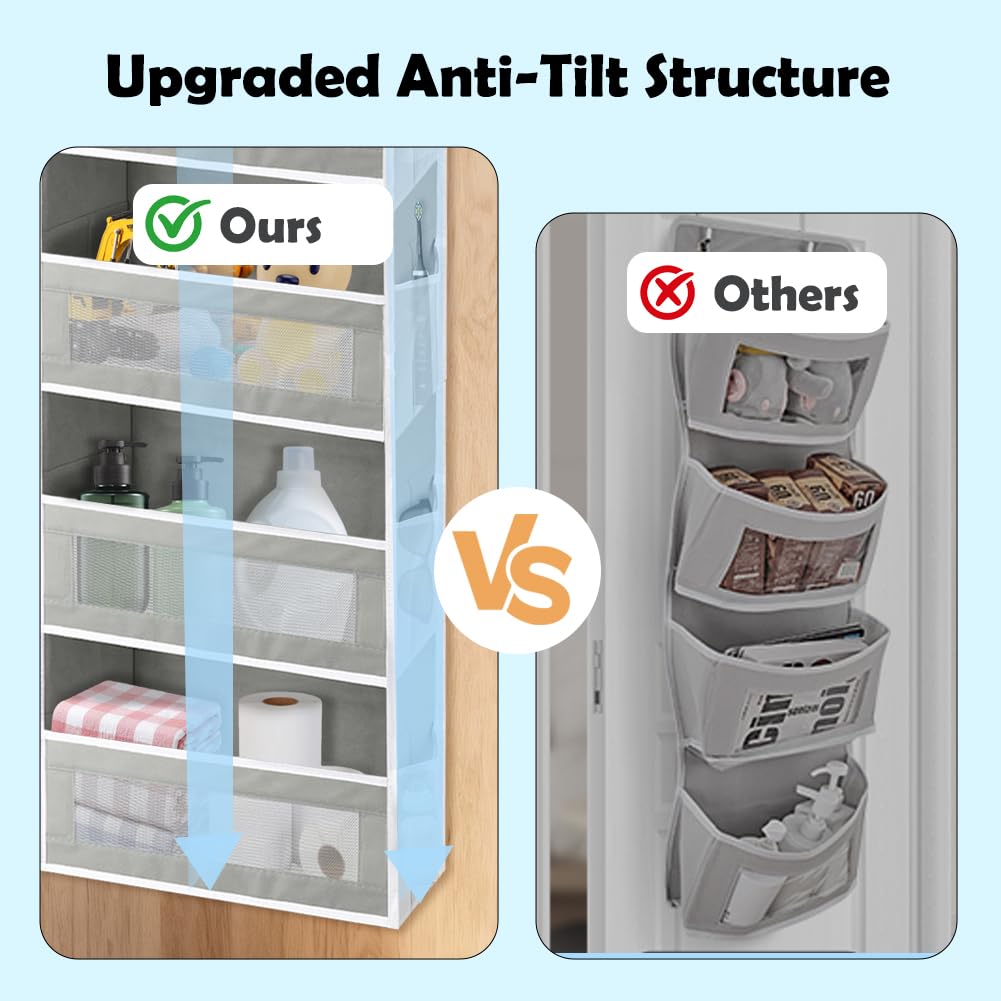 GINOYA Over The Door Storage Organizer with 5 Extra Large Pockets & Side Mesh Pouches, Hanging Closet Door Organizer for Bedroom, Baby Nursery Storage, Anti-Tilt Design, Fits 1.6" Doors-Gray