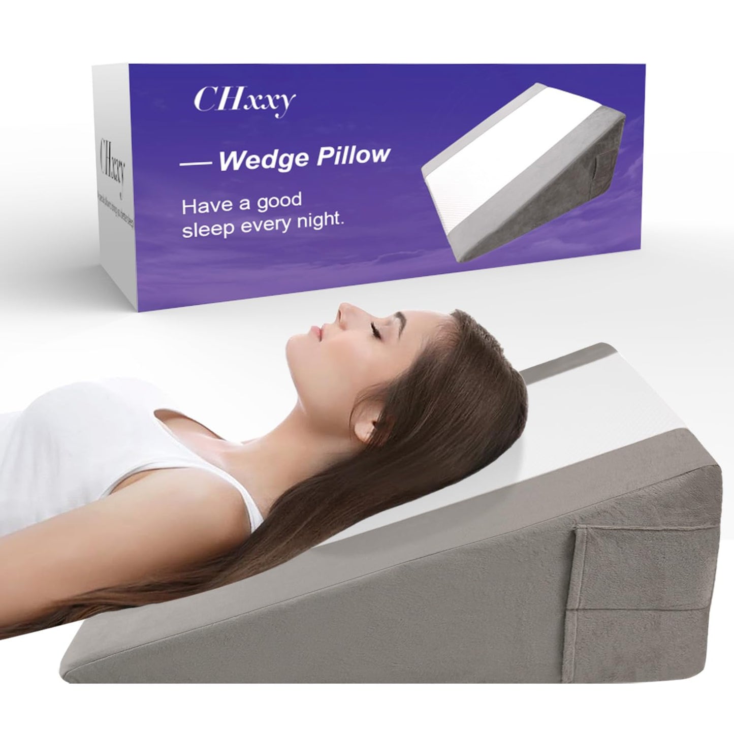 CHxxy Memory Foam Bed Wedge Pillow (10"x24"x24") - Acid Reflux & Back Pain Relief, Anti-Snoring Incline Design, Removable Washable Cover for Sleep & Post-Surgery Support