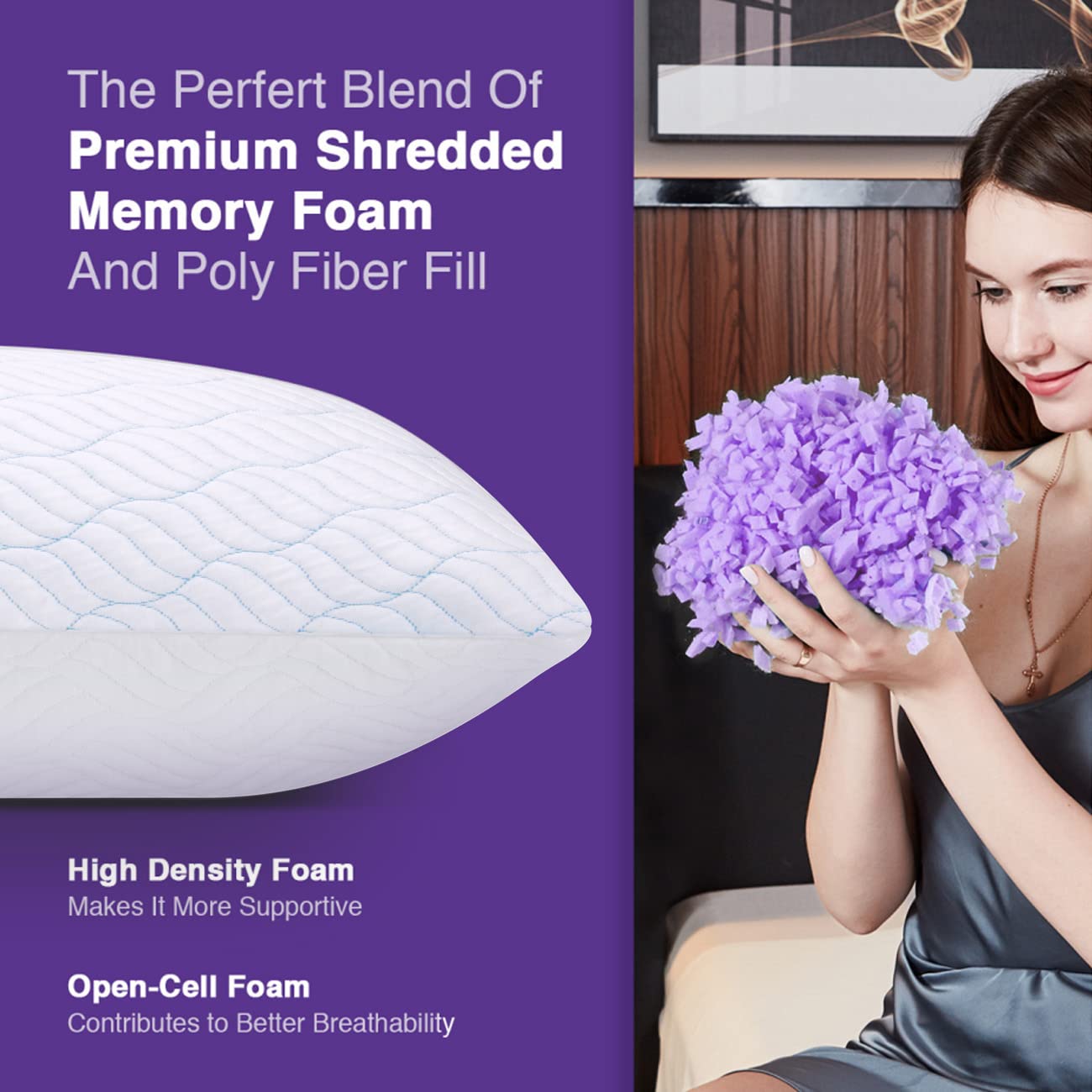 WISHSMILE King Size Shredded Memory Foam Pillows, Cooling King Pillows 4 Pack, Adjustable Height Firm Support, Double-Sided Polyester & Ice Silk Cover, Washable Bed Pillows for Home, King 20×36 Inch