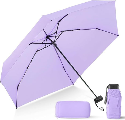LEAGERA Compact Mini Travel Umbrella with Case - Mini Umbrella for Purse, Small Lightweight &Tiny Design Perfect for Parasol Outdoor Sun&Rain Umbrellas, Light Purple Color