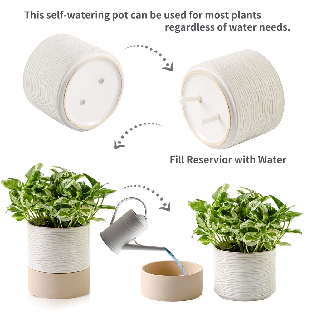 Nihow Ceramic Self Watering Plant Pot for Indoor Plants, 6 Inch,Cream White
