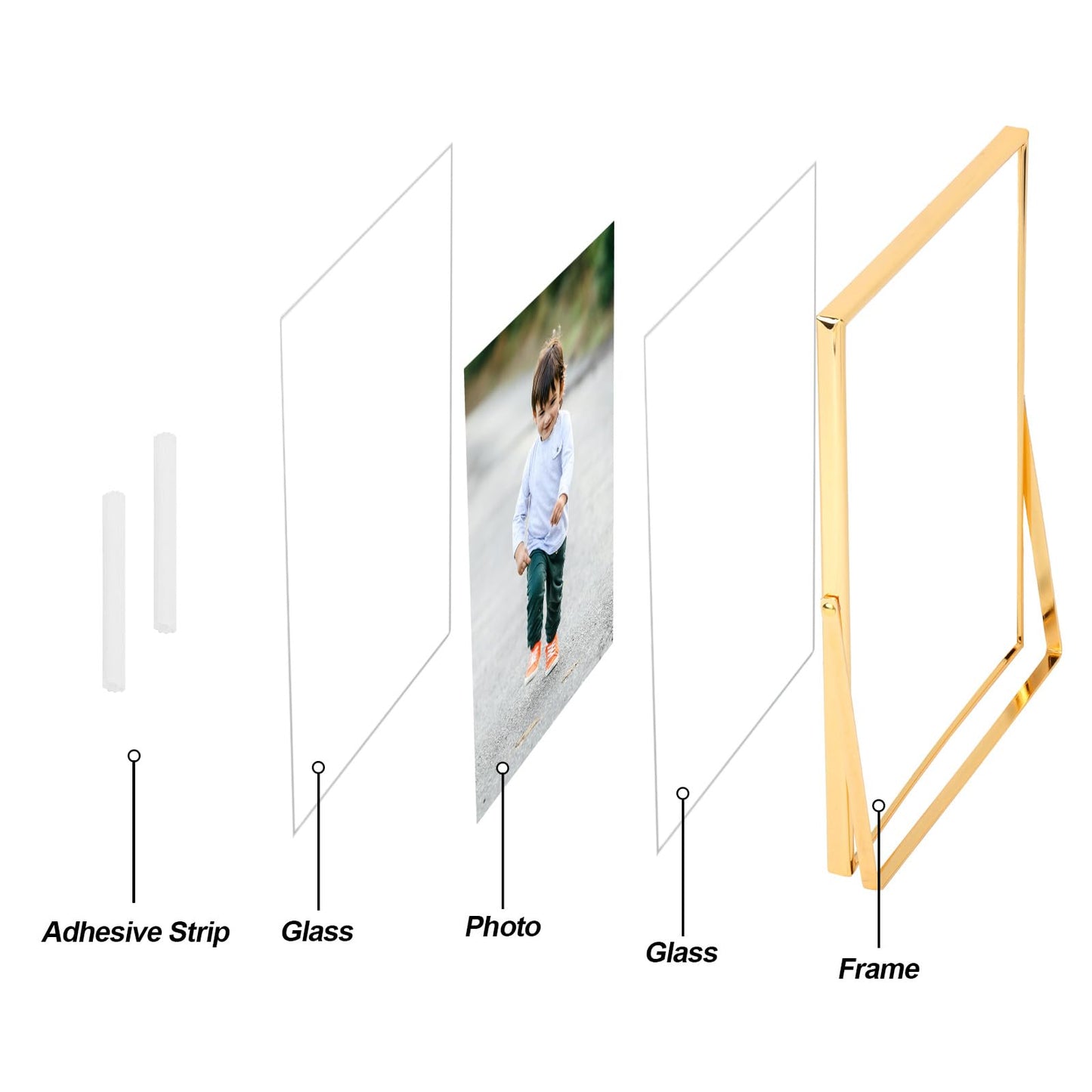 Fixwal Gold Floating Picture Frame Set of 2, 8 x 10 Tempered Glass, Tabletop Display, Multi Size Including 6 x 8, 5 x 7