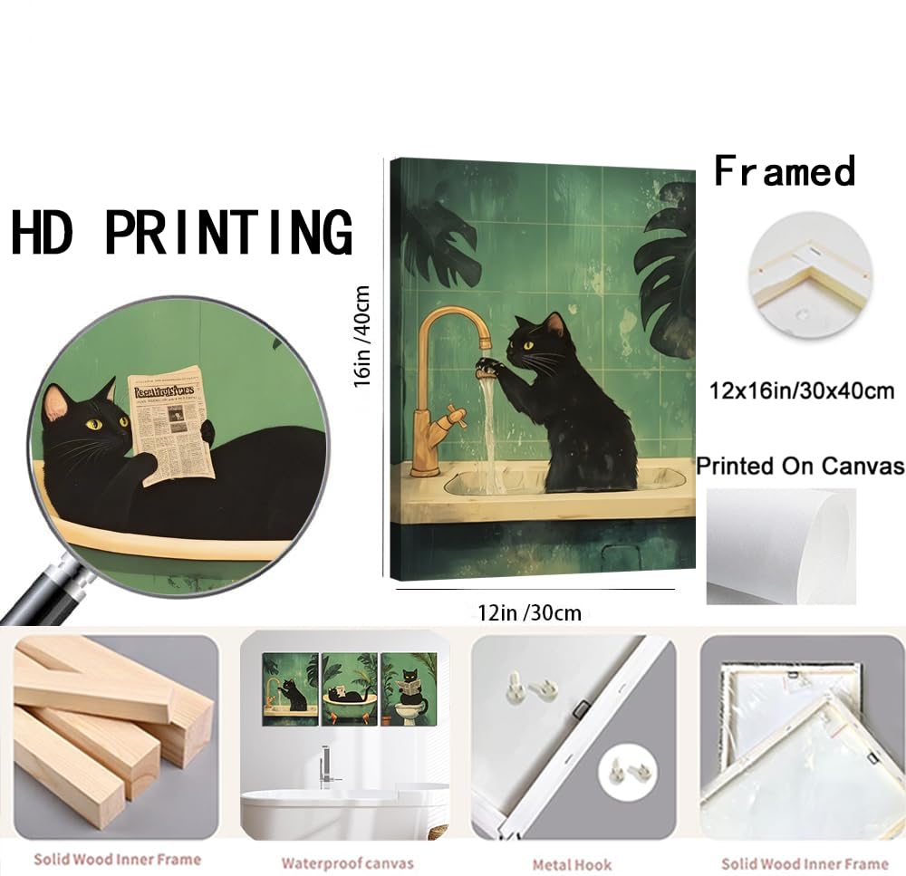 Funny Bathroom Black Cat Wall Art Set of 3, Whimsical Animal Bathroom Wall Decor Painting Maximalist Quirky Dark Pet Cat Toilet Canvas Poster Prints Aesthetics, Framed 12x16 inch