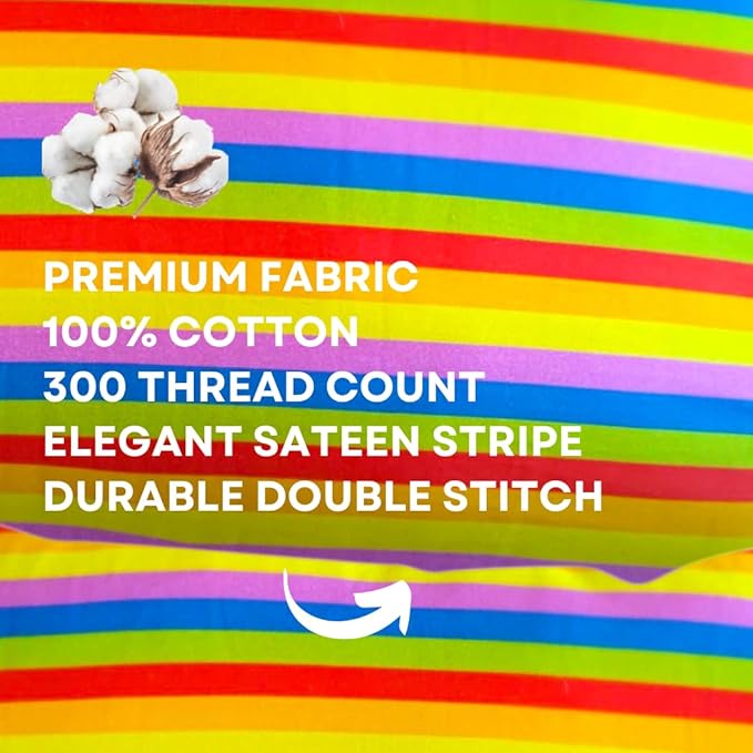 kinder Fluff Toddler Pillow (2Pk) 13x18in – Small Pillow for Kids Age 2+, Bright Rainbow Design, 100% Cotton Sateen Stripe 300T, Down Alternative Fill, Machine Washable, Colourful Kids Cushion - S