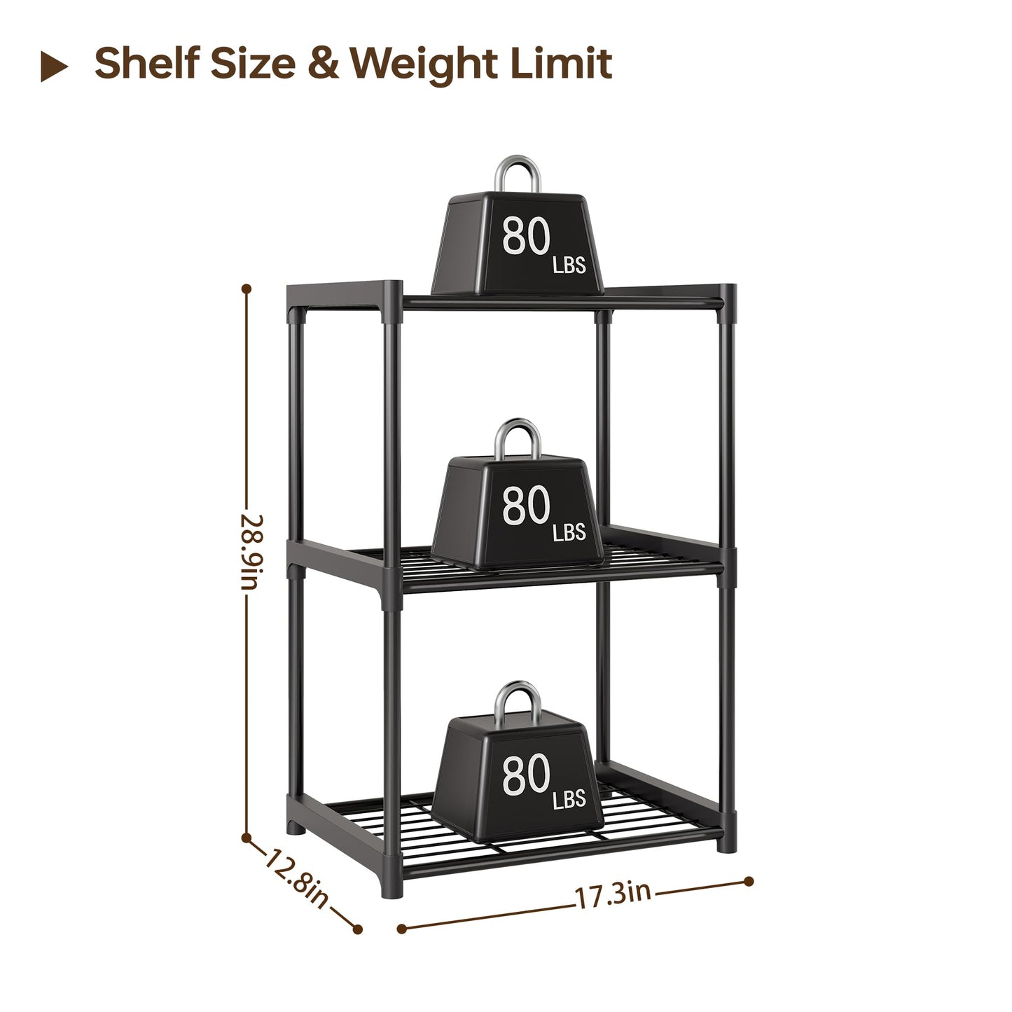 Tujurich 3-Tier Storage Shelves with Plastic Connectors – Metal Shelf Organizer for Pantry, Closet & Bathroom, Space-Saving Sturdy Shelving Unit Rack, Black, 17.3" x 12.8" x 28.9"