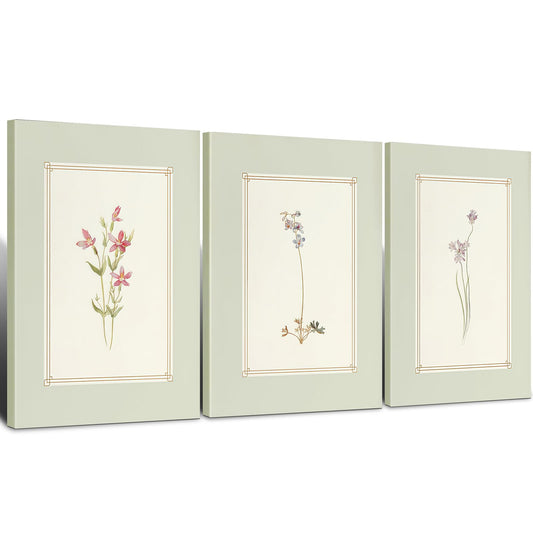 3pcs Framed Simple Vintage Floral Botanical Flower Wall Art Decor Canvas Print Natural Plant Artwork Wall Painting Poster Gallery Bedroom Living Room Office Decor 16x24 Inch Ready to Hang