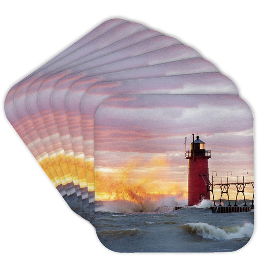 3dRose South Haven Lighthouse at Sunset, South Haven, Michigan. Set of 8 Coasters - Soft