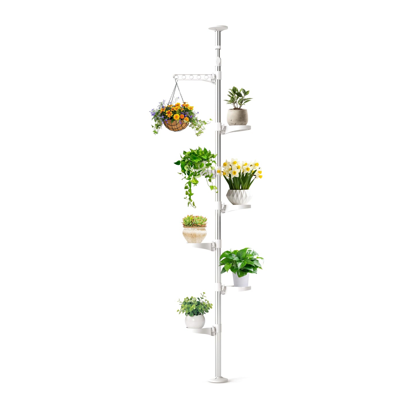 BAOYOUNI 7-Layer Indoor Plant Stands Spring Tension Pole Metal Flower Display Rack Space Saver Corner Floral Pot Hanger Shelf, Ivory