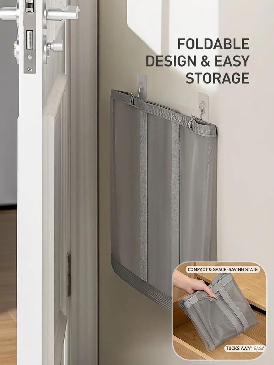 Yagizaai Wall-Mounted Foldable Laundry Basket, 41L Collapsible Mesh Hamper, Hanging Storage Bag for Bathroom, Dorm, Travel, Beach, Camping, Reinforced Handles, Grey
