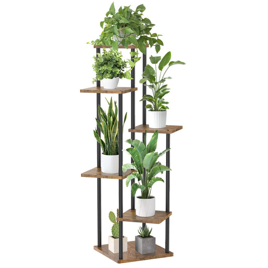 Oppro 6 Tier Tall Plant Stand Indoor Outdoor, Large Wood Metal Planter Shelf Holder for Narrow Corner, Sturdy Vertical Multiple Flower Orchid Pot Decorative Rack for House Living Room Bedroom Office, Rustic Black