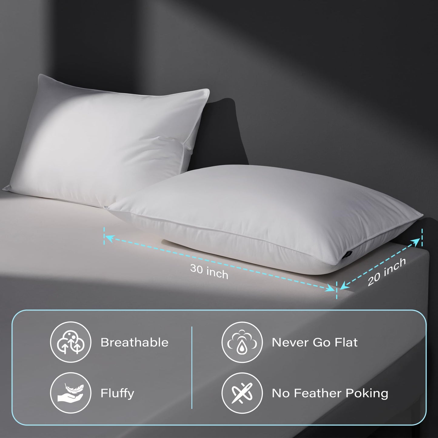 DOWNSTORIA Goose Feather Down Pillow Queen Size Set of 2, Hotel Collection Bed Pillows for Sleeping, 2 Pack, Down Surrounded Soft Medium Firm Pillows for Side Back Sleepers 20 x 30 in.