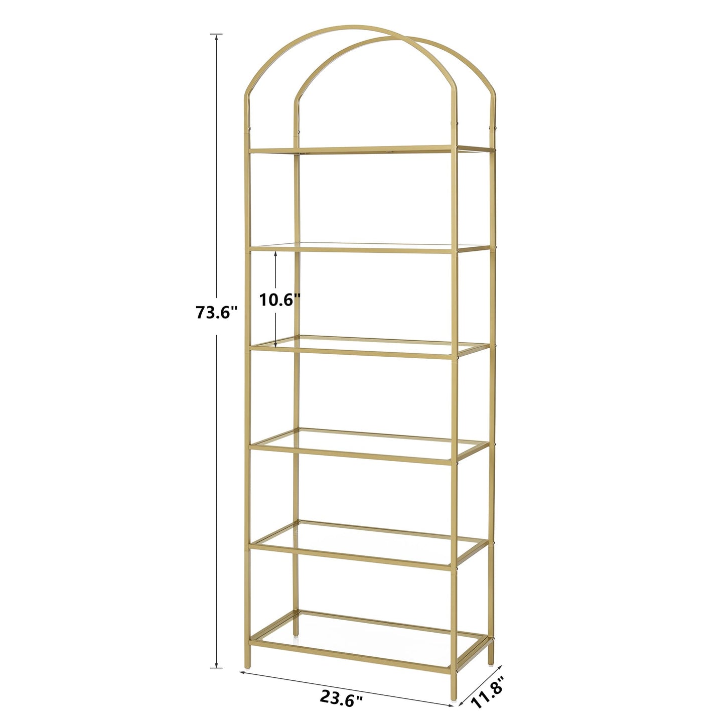 Homhedy Bookshelf Arched Display Racks,Metal Bookcase,Tempered Glass Shelves,Storage Rack Shelf for Home Office,Living Room,Bedroom, Bathroom,Modern Style (Golden, 11.8" D x 23.6" W x 73.6" H)