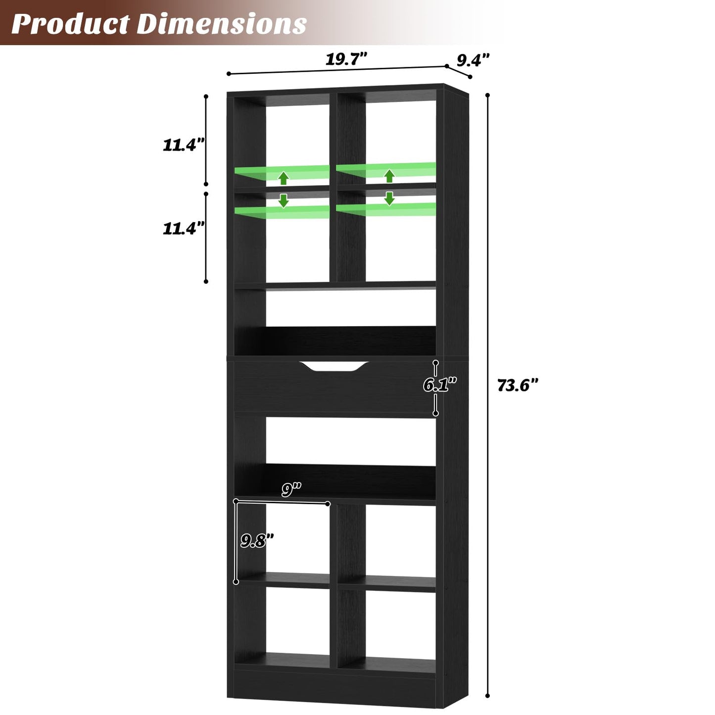 Armocity 8-Tier Tall Bookshelf with Drawer, 73.6" Narrow Freestanding Bookcase, Space-Saving Wood Display Shelves Storage for Living Room, Home Office Bedroom, Black