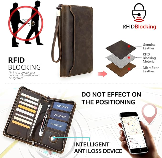 CONTACTS Full Grain Leather Family Passport Holder for 6 Travel Airtag Passport Wallet RFID Blocking Passports Organizer 3 Layer Design Fit 6 Passports, 8 Cards