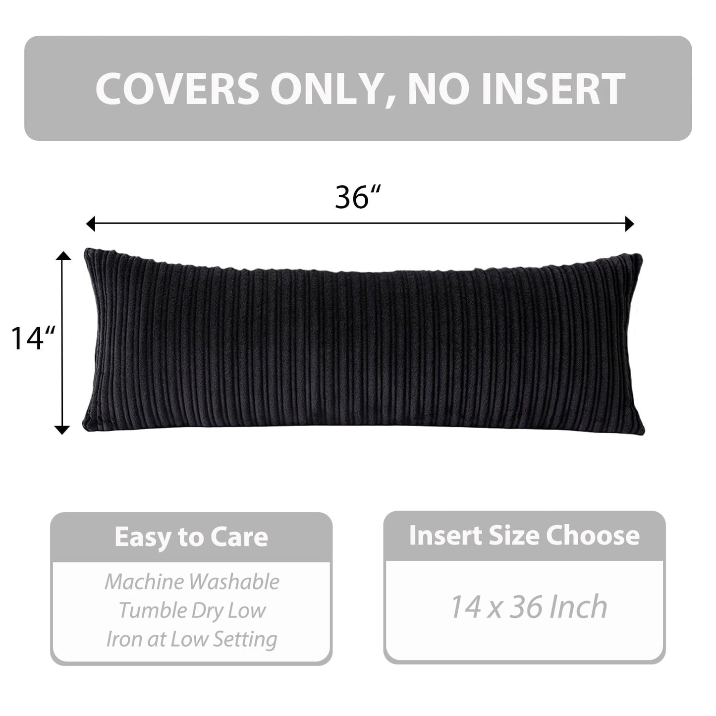 UGASA 14x36 Inch Pillow Cover Pack of 1 Soft Boho Stripe Corduroy Large Long Rectangular Lumbar Cushion Cover Farmhouse Decorative Throw Pillowcase for Bed, Couch, Sofa, Bedroom, Living Room, Black