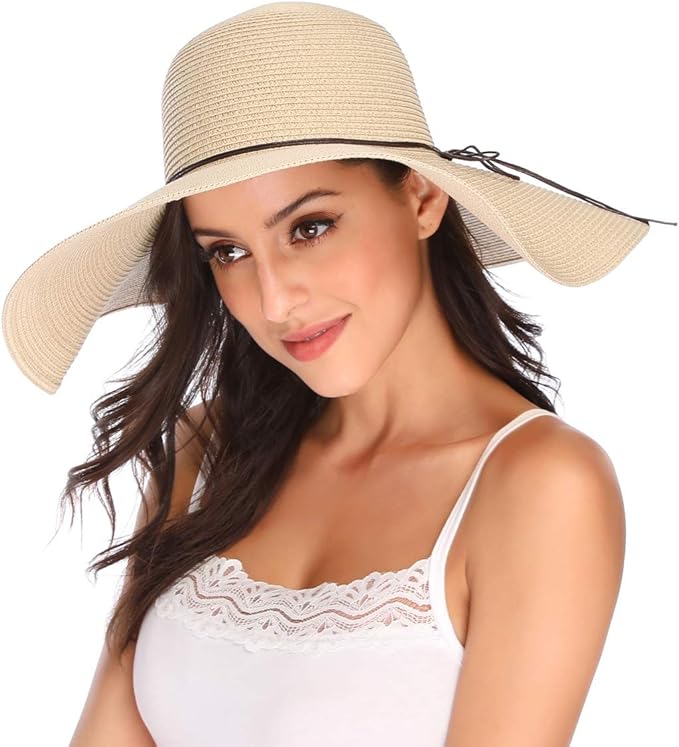 Lanzom Womens Wide Brim Straw Hat Big Floppy Foldable Roll up Cap Beach Sun Hat UPF 50+