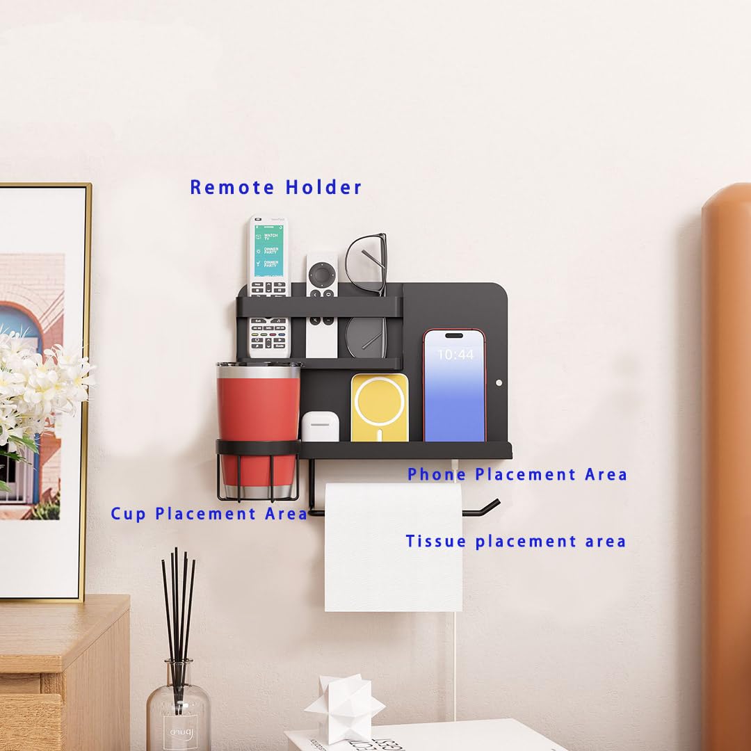 Zptnsl Bedside Shelf for Bed, Metal Floating Nightstand Wall Organizer, No Drill Dorm Room Essentials, Heavy Duty Caddy with Cup Holder & Charging Station for Bunk Bed, Loft, Remote - Matte Black