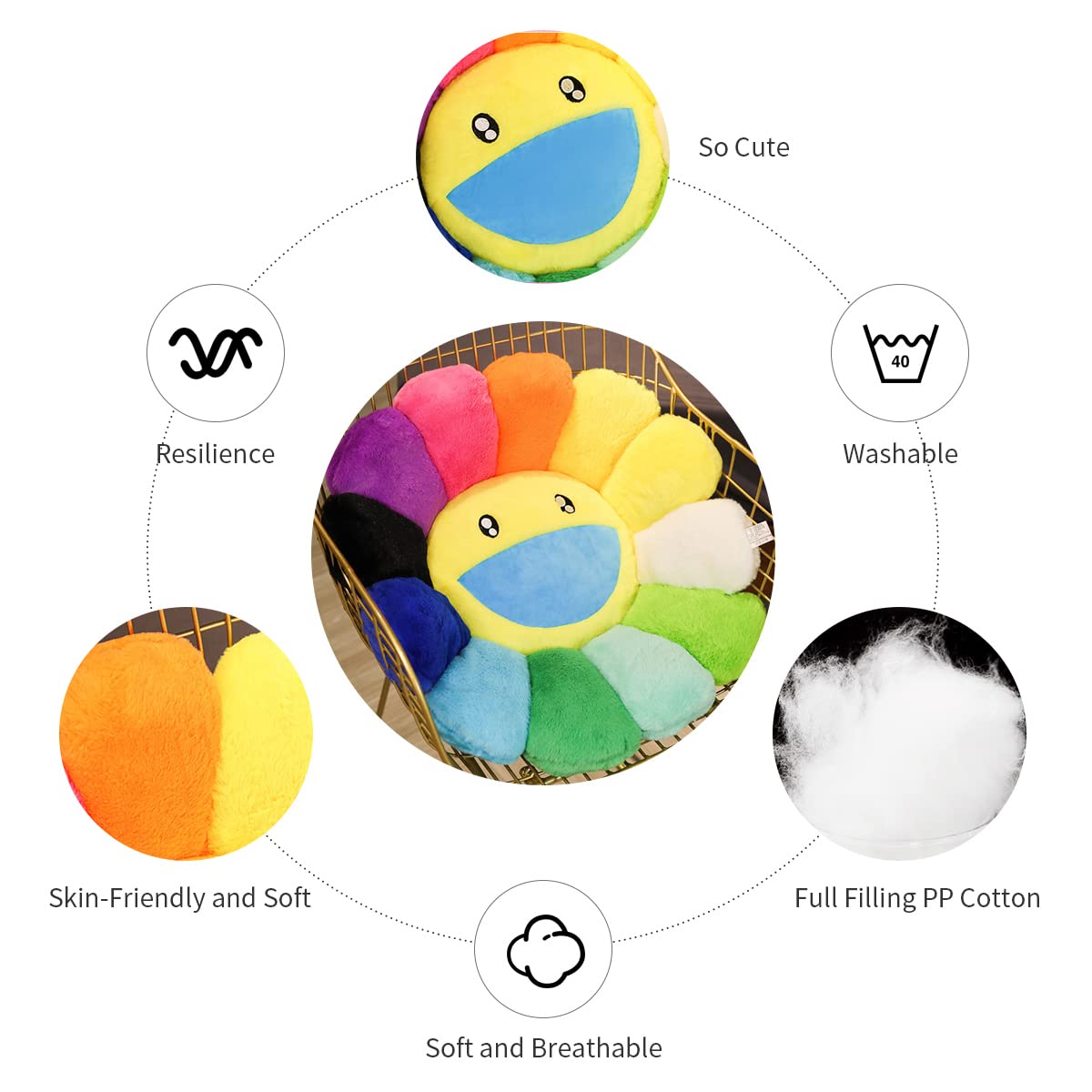 FIONOUT 2Pcs Smile Face Floor Cushion Pillow - Sunflower Plush Pillow for Girls, Extra Soft Fluffy Flower Cushion for Bedroom, Chair or Car Decor